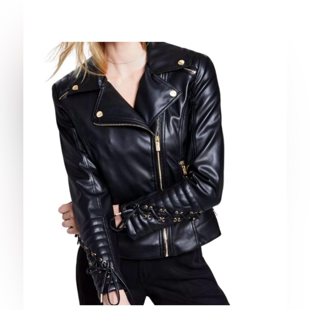 NWT Guess Black Faux Leather Jacket with Gold Accents women size Medium.